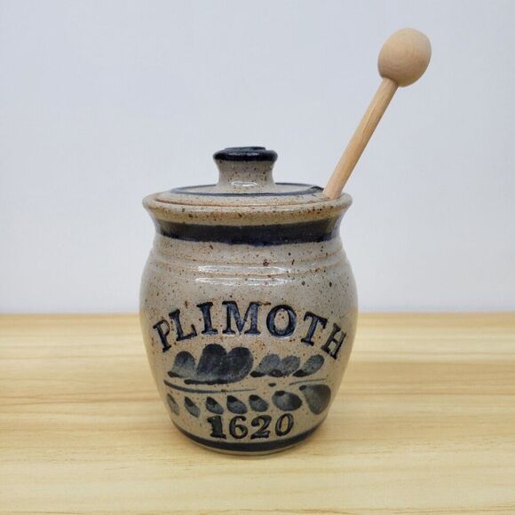 Plimoth 1620 Stoneware Honey Pot with Lid and Dipper – Historic Reproduction - Picture 1 of 12